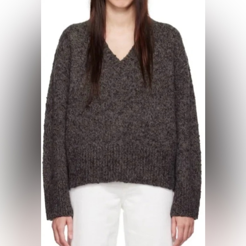 Massimo Dutti V-neck sweater, charcoal w rosegold metallic thread, oversized XS